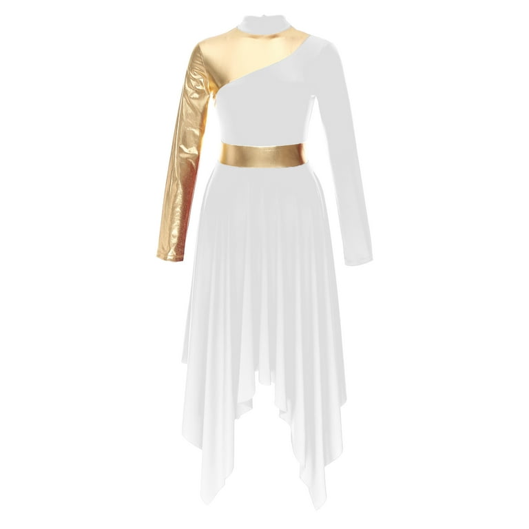 white and gold dance dress Danzcue Womens Metallic Bicolor Praise Dance Dress White-Gold / S-Adult main image 0