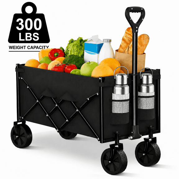 Favoyard Collapsible Wagon, Portable Folding Wagon with All-Terrain Wheels and Adjustable Handle for Grocery Camping Shopping Garden, 100L and 300lbs