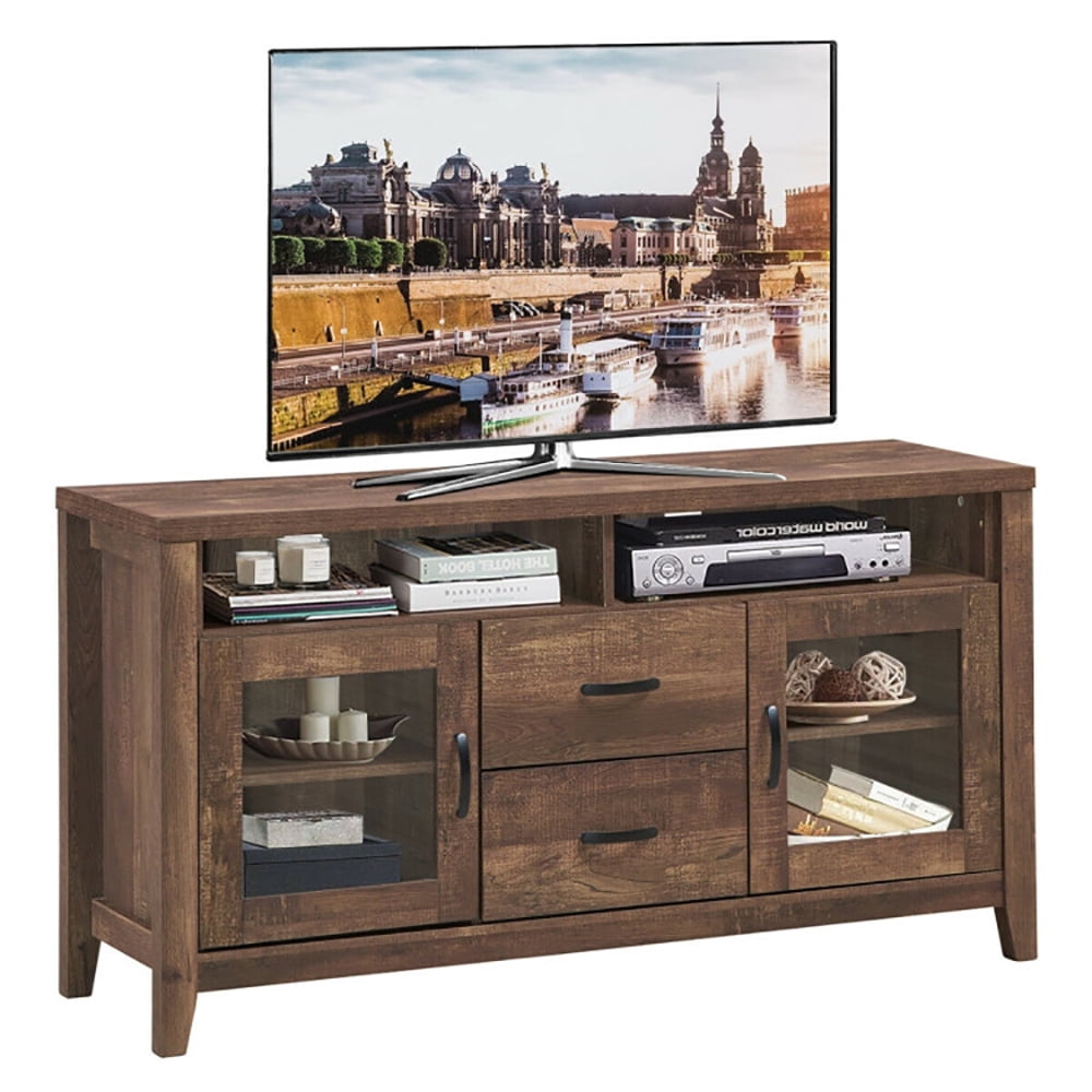 Finihen TV Stand, TV Cabinet, Wooden Retro TV Stand with Drawers and Tempered Glass Doors, Media Entertainment Center with Storage, for Living Room, Bedroom, Brown