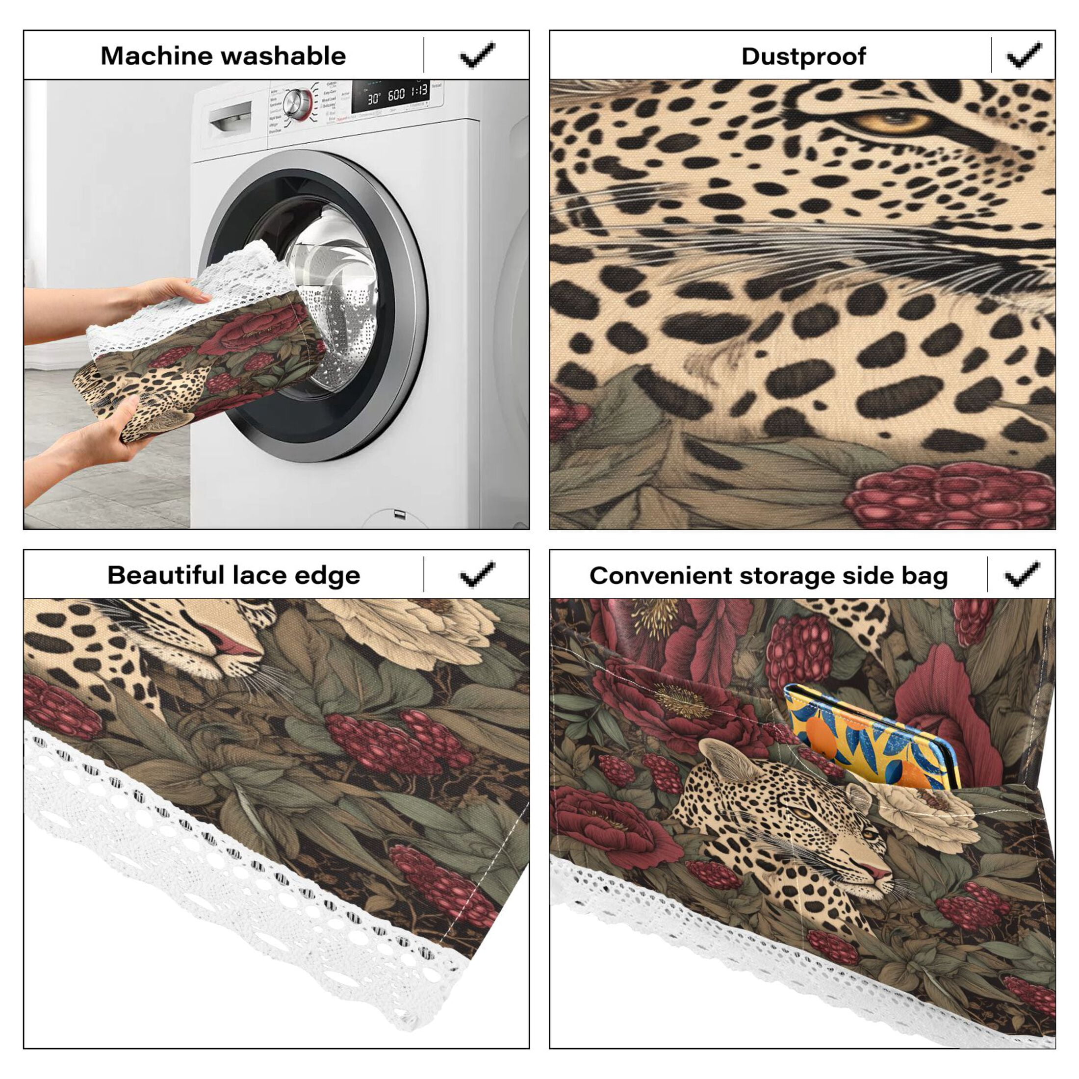 Washing Machine Cover 51.2x22in, Durable Polyester Dust Cover with Lace Trim and Side Pocket for Appliances Roses Leopard