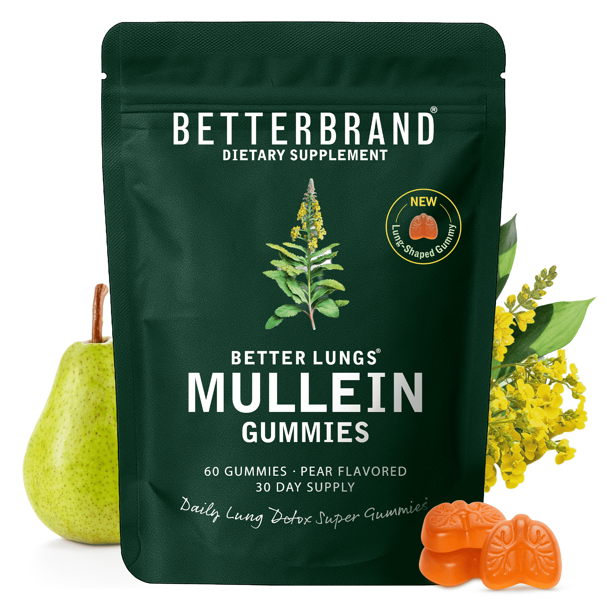Betterbrand Mullein Chewable Gummies for Lung Cleanse and Detox, Respiratory Health Supplement, 1000mg Mullein extract per serving, 60 Gummies - 30 Day Supply - Pear Flavored