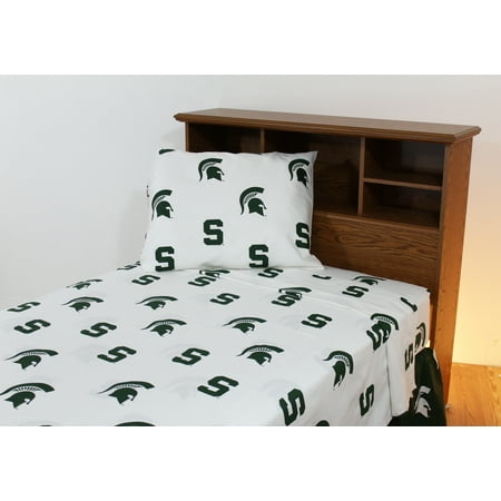 Michigan State Spartans 100% cotton, 3 piece sheet set - flat sheet, fitted sheet, 1 pillow case, Twin, White