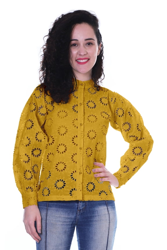 Womens Button Down Top Solid Schiffli Cotton Full Sleeve Casual Summer Kurta Shirt