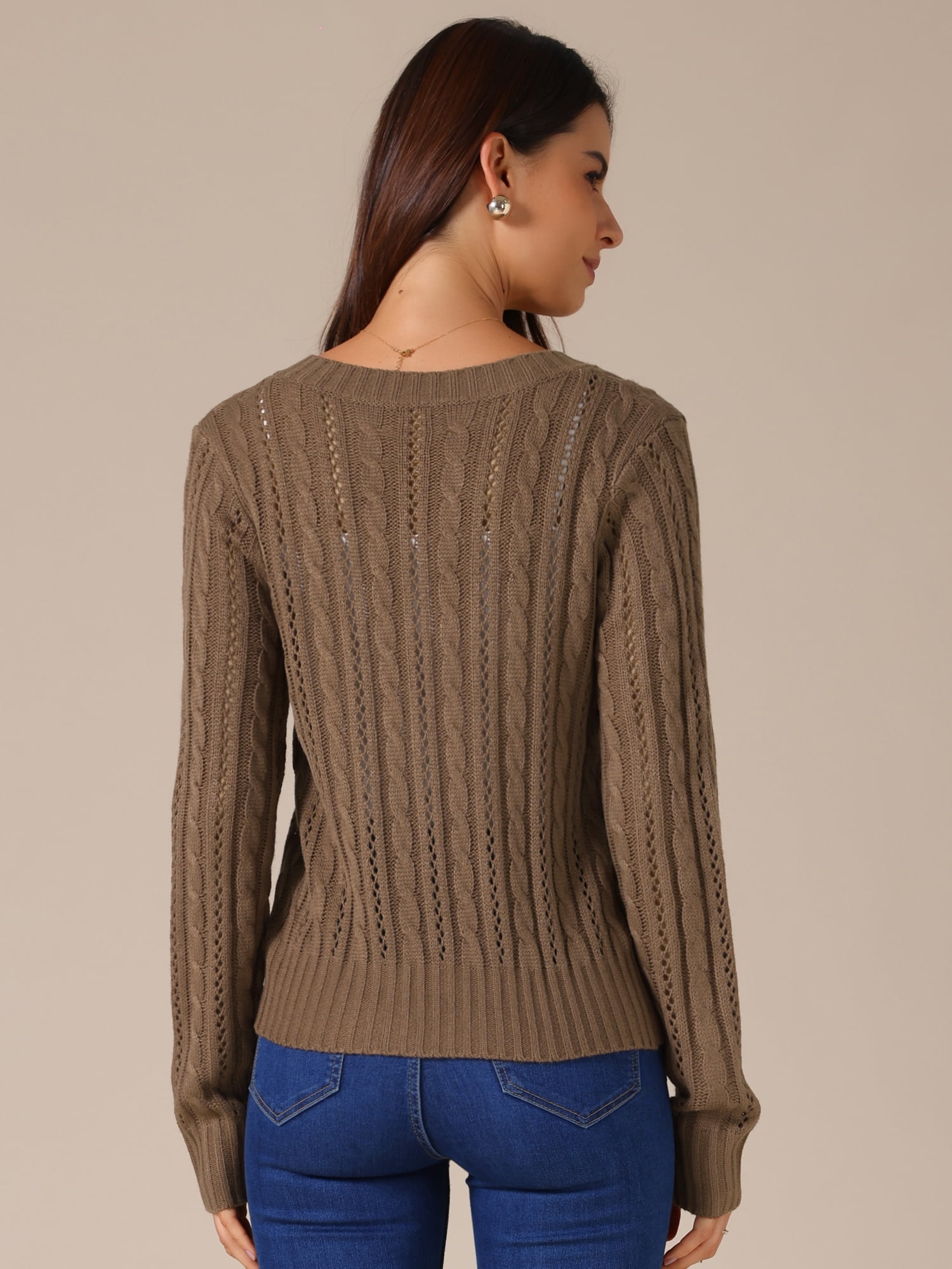 DARING DIVA Women's Open Front Button Down Cable Knit Cardigan Sweater L Brown