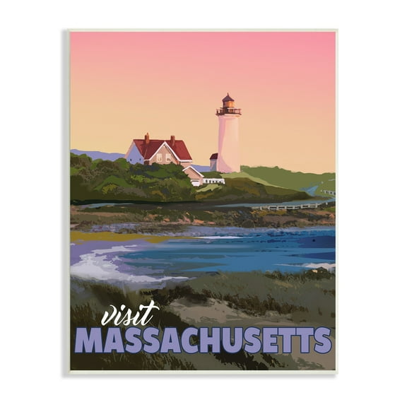 Stupell Industries Visit Massachusetts Pink Sunset Sky Ocean Inlet Graphic Art Unframed Art Print Wall Art, Design by David Owens Illustration