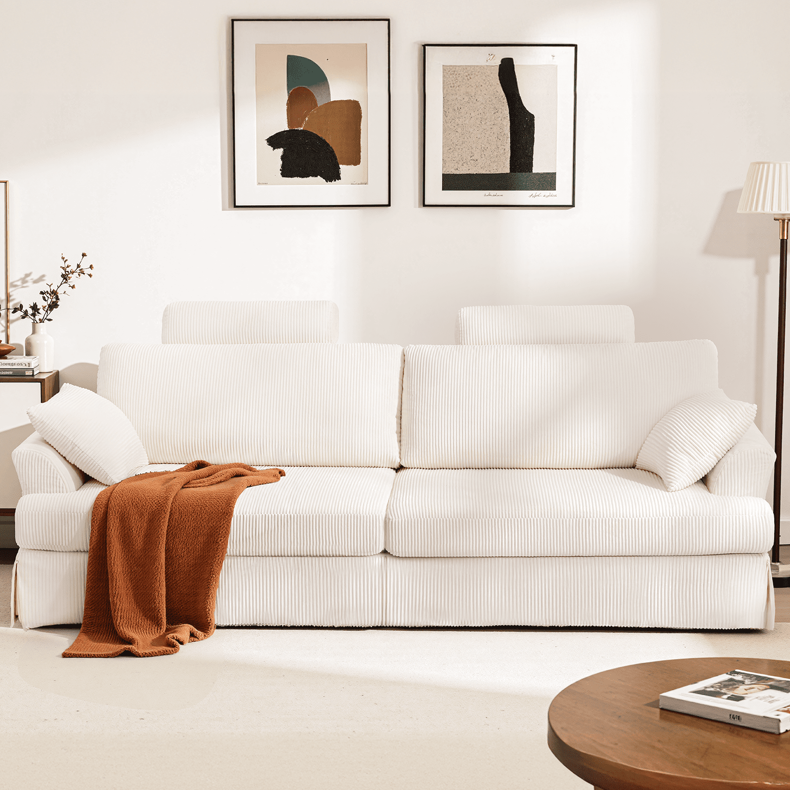 87" Cloud Comfy Sofa Couch with Deep Seat and Thick Cushion, Corduroy Upholstered Fabric Soft Couch for Living Room Office, Beige (Includes Headrest)