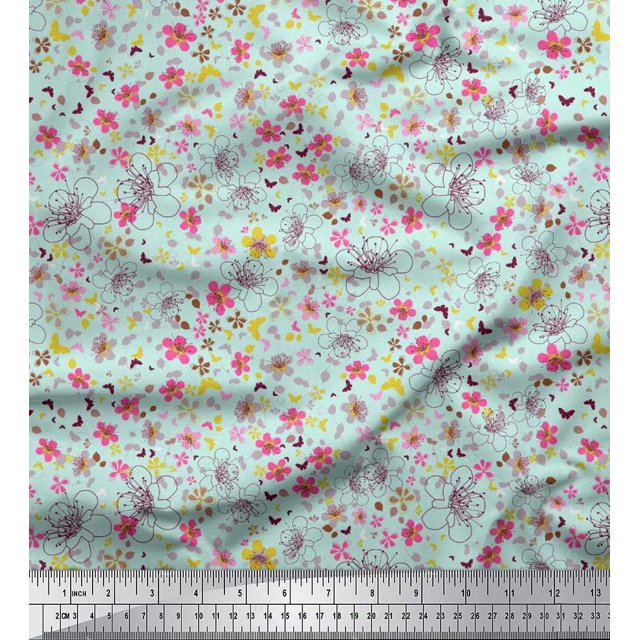 Soimoi polyester Crepe Fabric Leaves,Butterfly & Flower Floral Print Fabric by Yard 52 Inch Wide