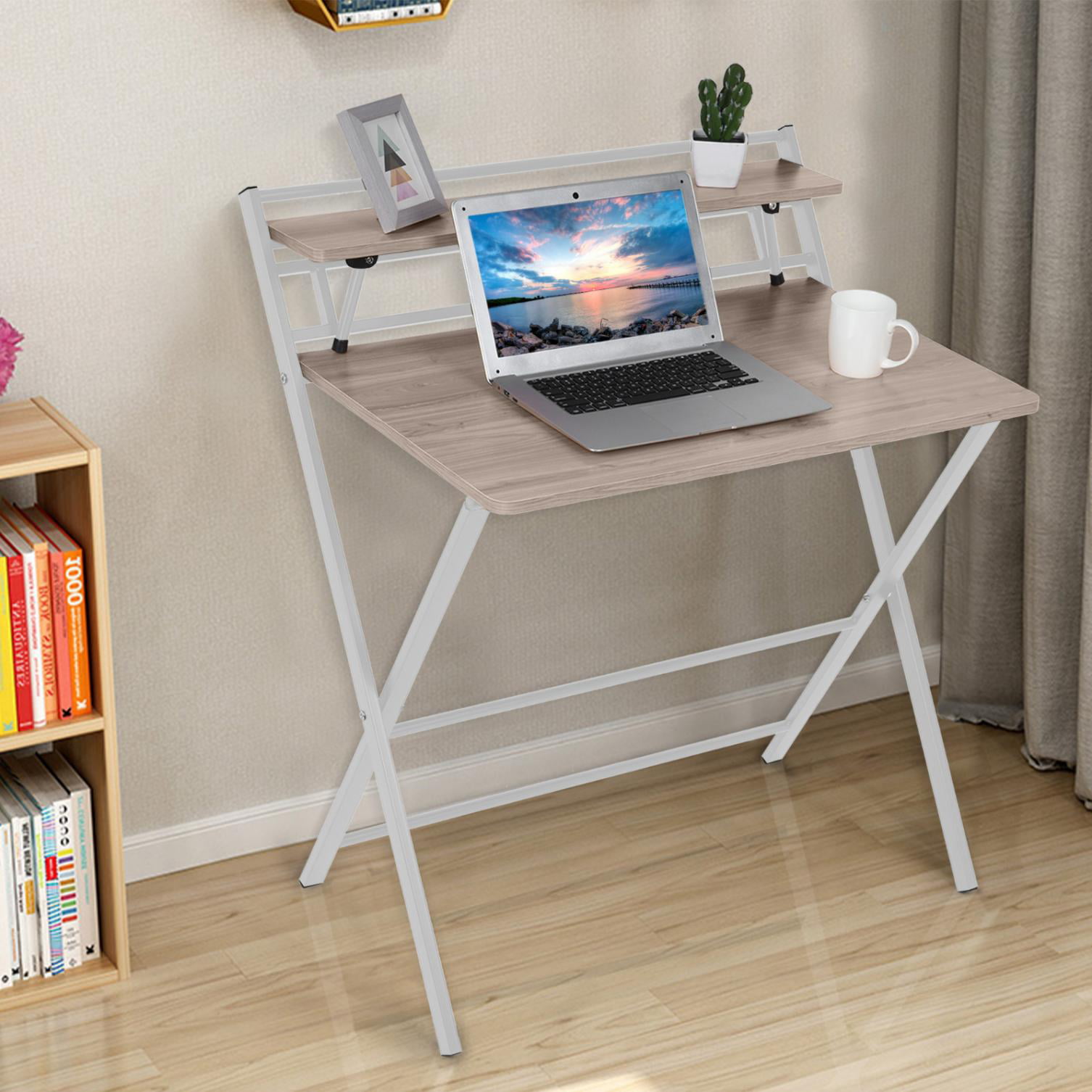 GreenForest Folding Desk No Assembly Required, 2-Tier Small 