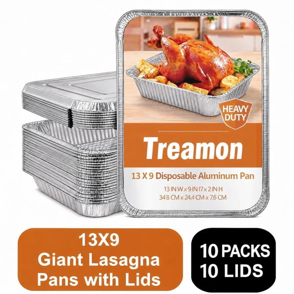 Treamon Aluminum Pans with Lids, Disposable Foil Pans, 9" x 13" 10 Count