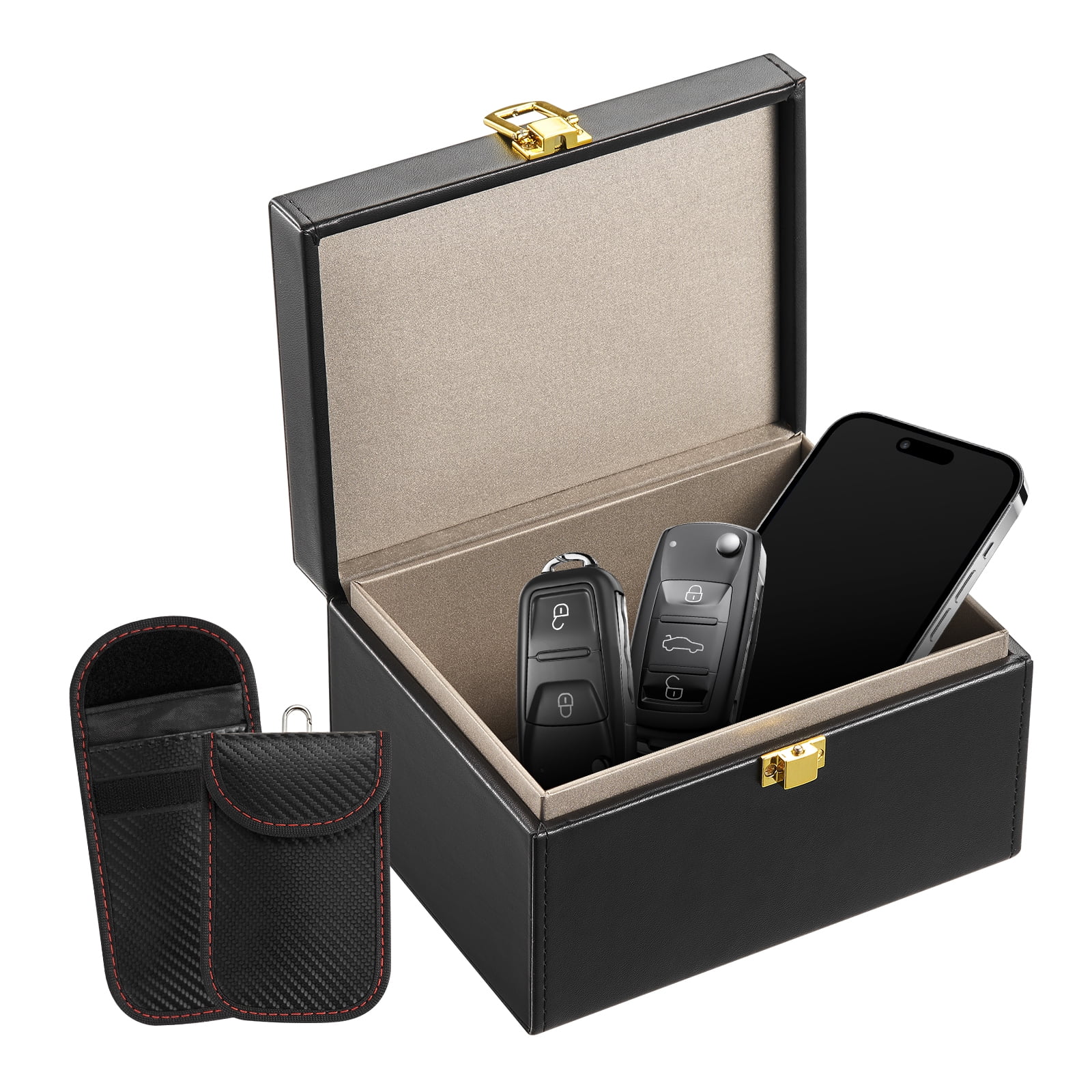 KFFKFF Faraday Container, Synthetic Leather, Signal Interruption Case, Includes Dual Key Pouches, Guards Against WiFi, RFID, GPS, Bluetooth & 5G, Security Box with Anti-Theft
