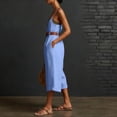 thumbnail image 4 of Women's Vacation Capri Jumpsuits Spaghetti Strap Wide Leg Linen Rompers Deep V Neck Sleeveless Cropped Jumper Light Blue, M, 4 of 7