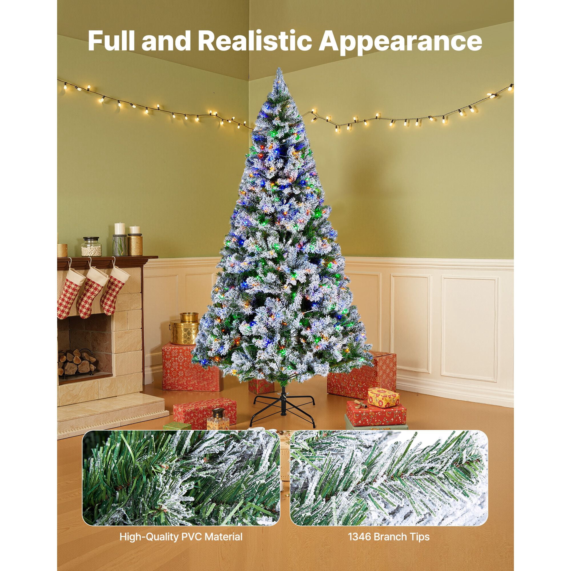Christmas Tree, 7.2ft Prelit Flocked Artificial Tree, Full Holiday Xmas Deco Trees with 470 Colorful LED Lights, 11 Lighting Modes & 1346 Branch Tips for Home Party Office Decoration