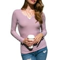 thumbnail image 2 of Doublju Women's Placket Neck Long Sleeve Ribbed Top (Plus Size Available), 2 of 4