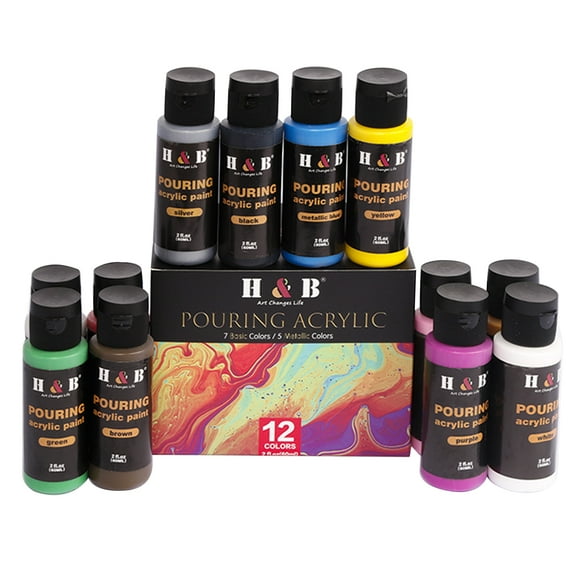 H&B 12-Piece Fluid Acrylic Paint Set for DIY Art Projects, 60ML Bottles, Vibrant Colors for Crafting and Decorating