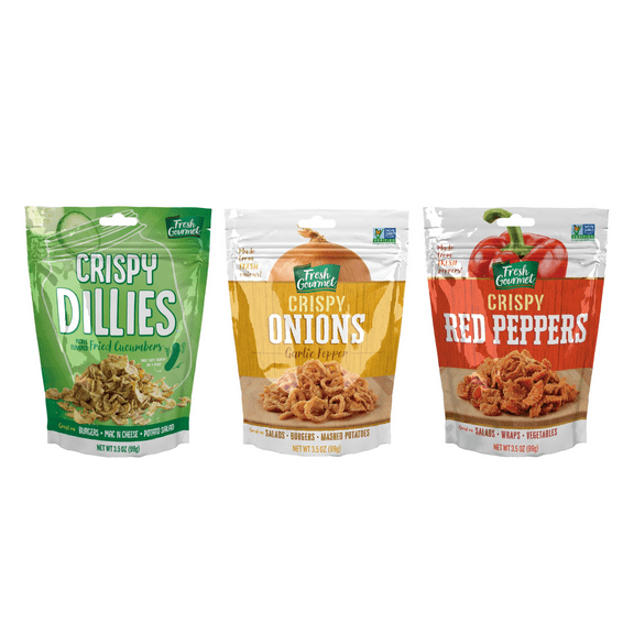 Fresh Gourmet Crispy Variety, Pickle-Flavored Dillies, Garlic Pepper Onions, Red Peppers, 3.5 oz Each (3-Pack)