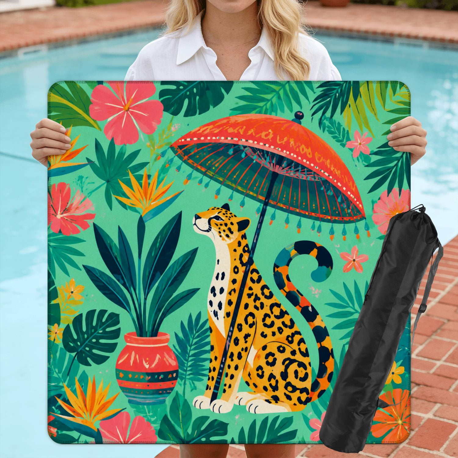 Mahjong Mat 31.5" x 31.5" Sitting Red Umbrellas Blue White Vase Vibrant Tropical Floral Non-Slip Noise Reduction American Mahjong Tiles Table Cover for Dominoes Poker Card Board Games Gift