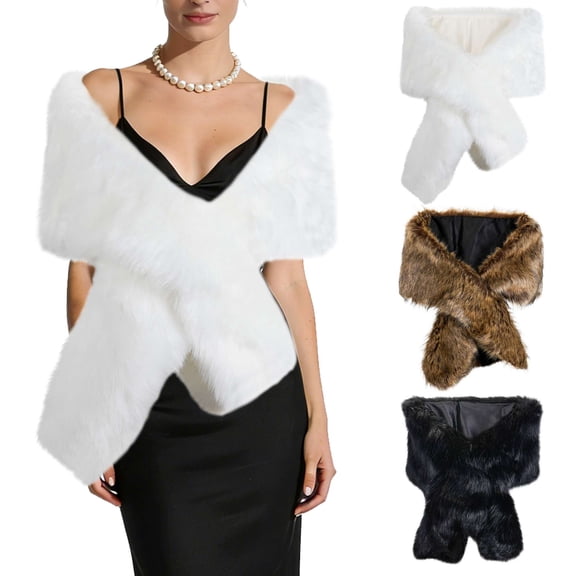 Gustave Women's Faux Fur Collar Shawl Wraps Cross Front Scarf Shrug Stole Winter Elegant Dress Cover Up Coat Shawls for Bridal Wedding Evening Party - White