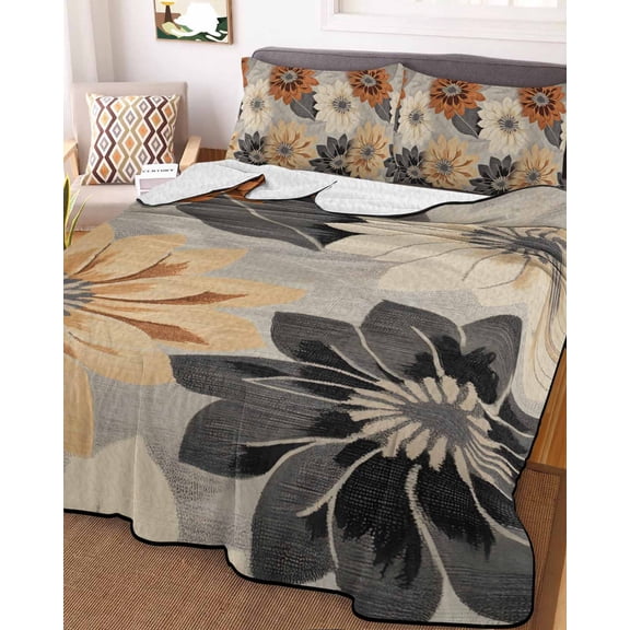 Burnt Orange Grey Black Flower Queen Size Down Alternative Comforter, Lightweight Comforter Quilt Bedding Set with Pillow Shams Spring Floral Botanical All Seasons Bed Comforter Duvet Insert 90"x96"