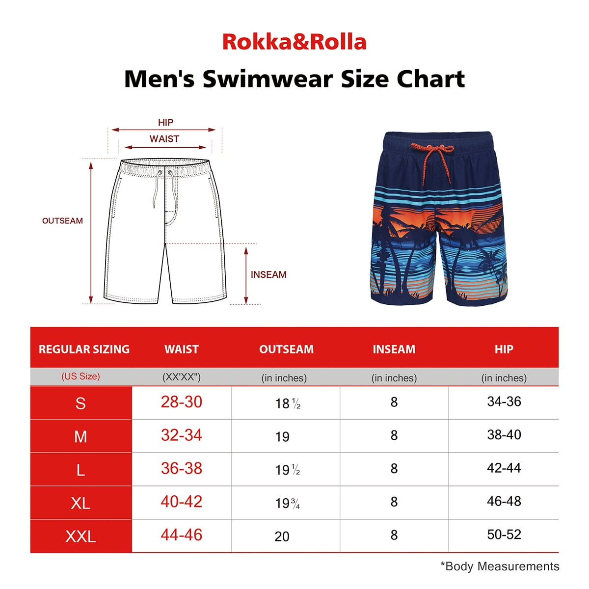 Rokka&Rolla Men's 8" Mesh Lined Swim Trunks, up to Size 2XL