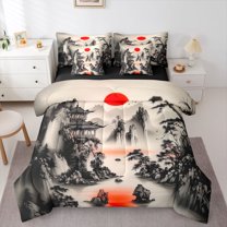 Castle Fairy Kids Oriental Ukiyoe Bedding Comforter Set,Black Red Queen Bedding Sets