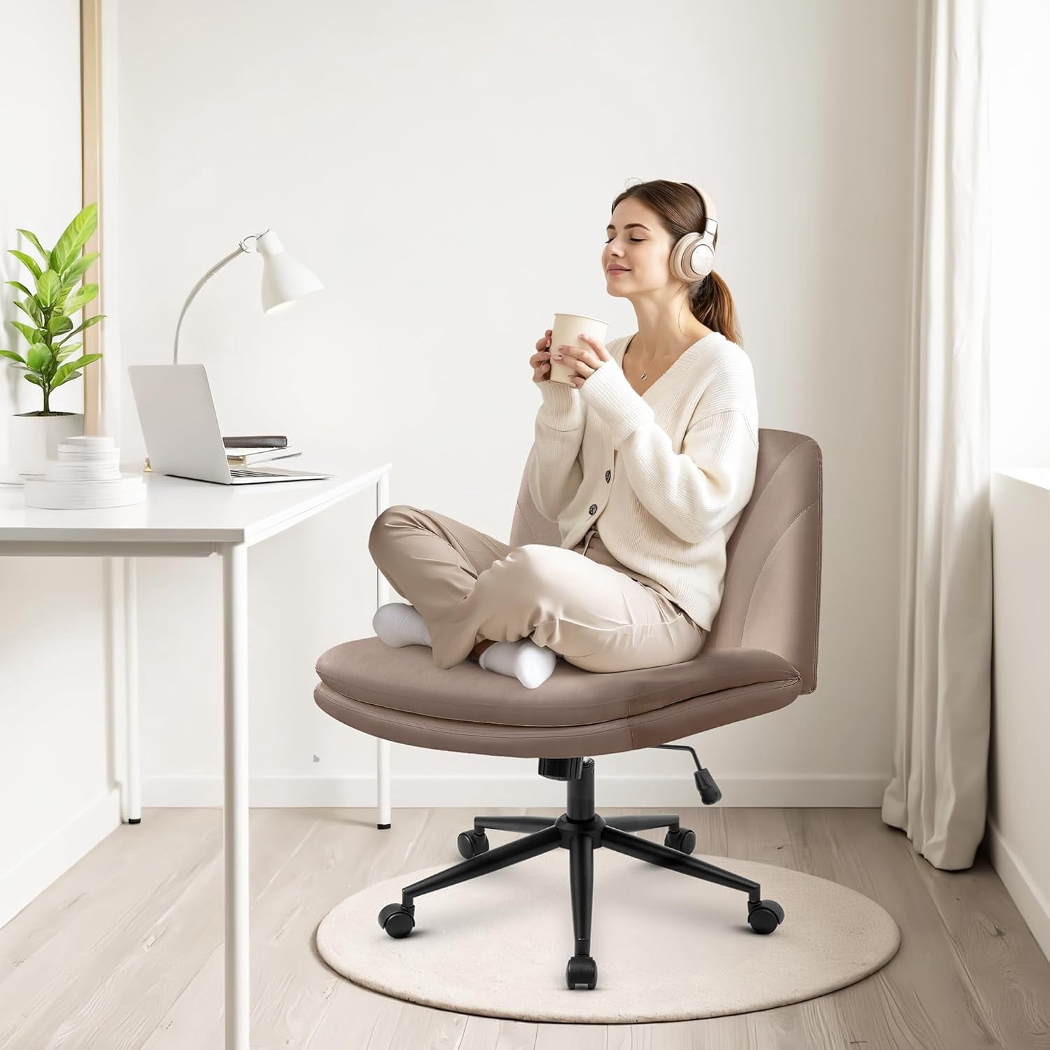 Orange Factory Criss Cross Chair with Wheels Comfy Wide Vanity Desk Chair Dual Base Leather Armless Adjustable Swivel for Home Computer Task (Brown Pu, Faux Leather)