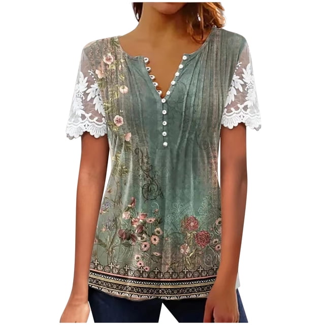DPTALR T-shirts à Imprimé Floral Femmes Dentelle Confortable Chemisiers Féminins Tops
