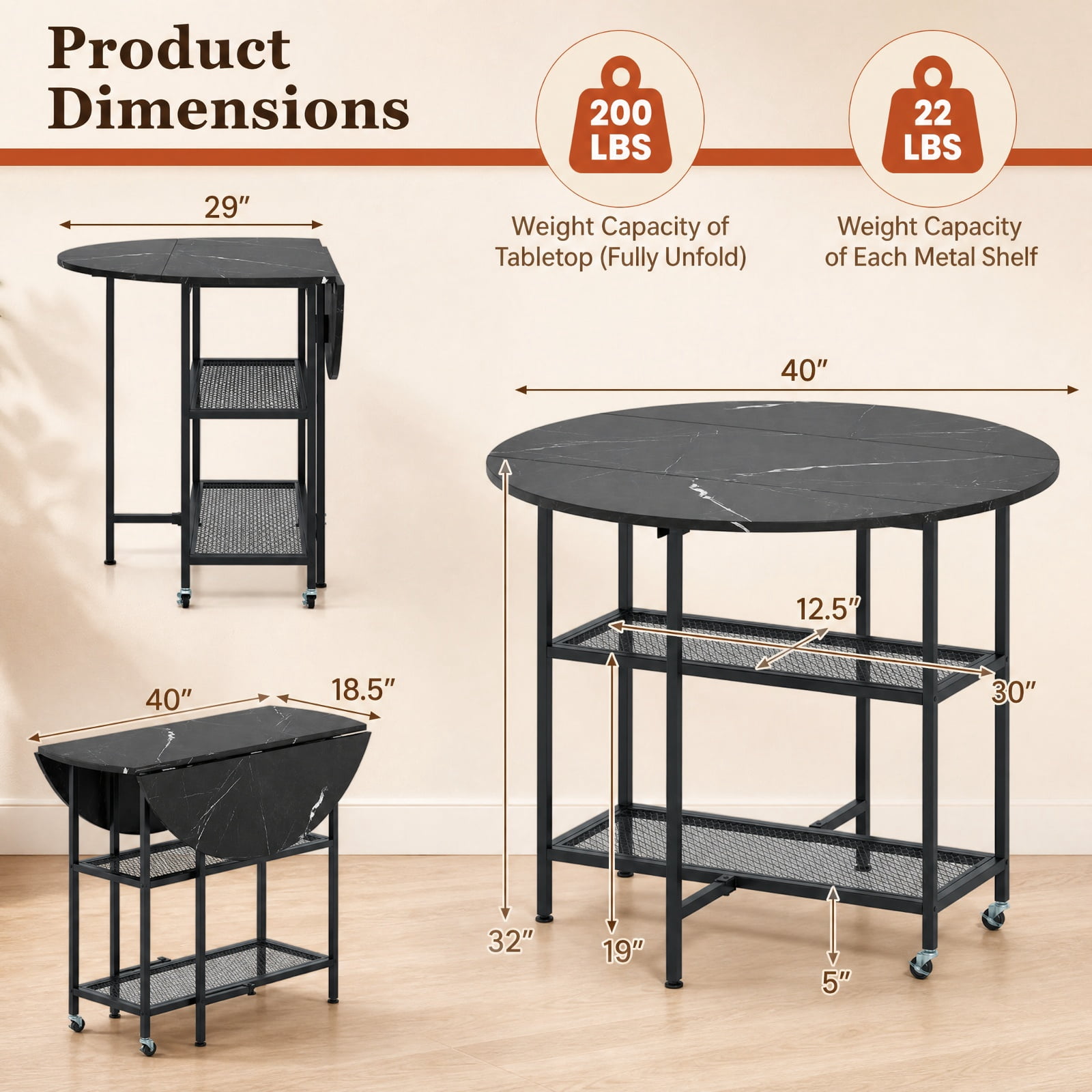 Furnibear Folding Round Dining Table with Lockable Wheels and 2 Storage Shelves and Sturdy Metal Frame for Small Spaces, Black