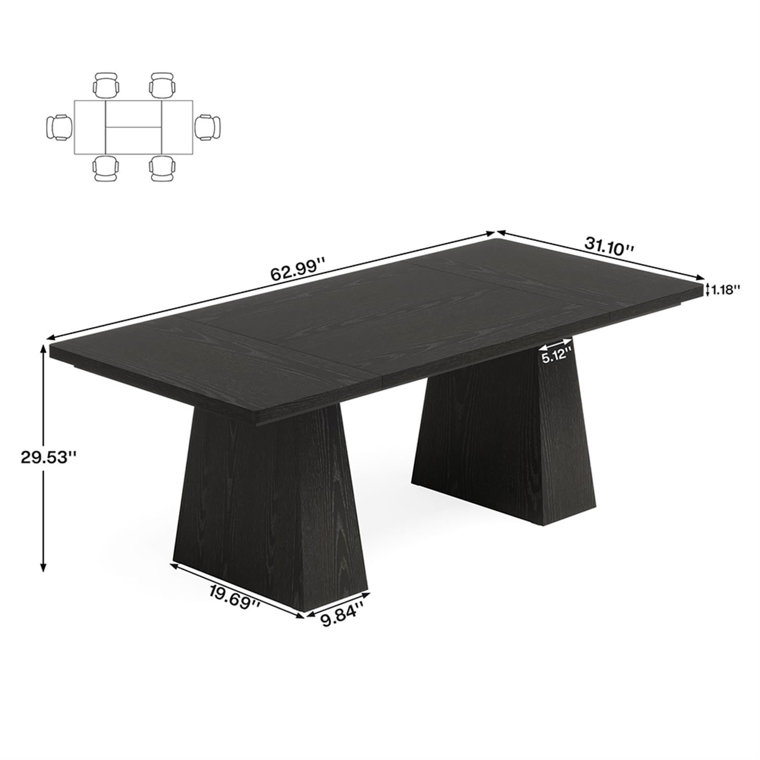 Demi Bonn 63" Dining Table, Farmhouse Wood Kitchen Table for 6 People, Rectangular Dinner Table for Dining Room, Home Office, Living Room Furniture, Black
