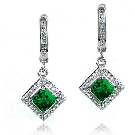 ELYA Sterling Silver Emerald Green Cushion-Cut CZ Halo Dangling Earrings