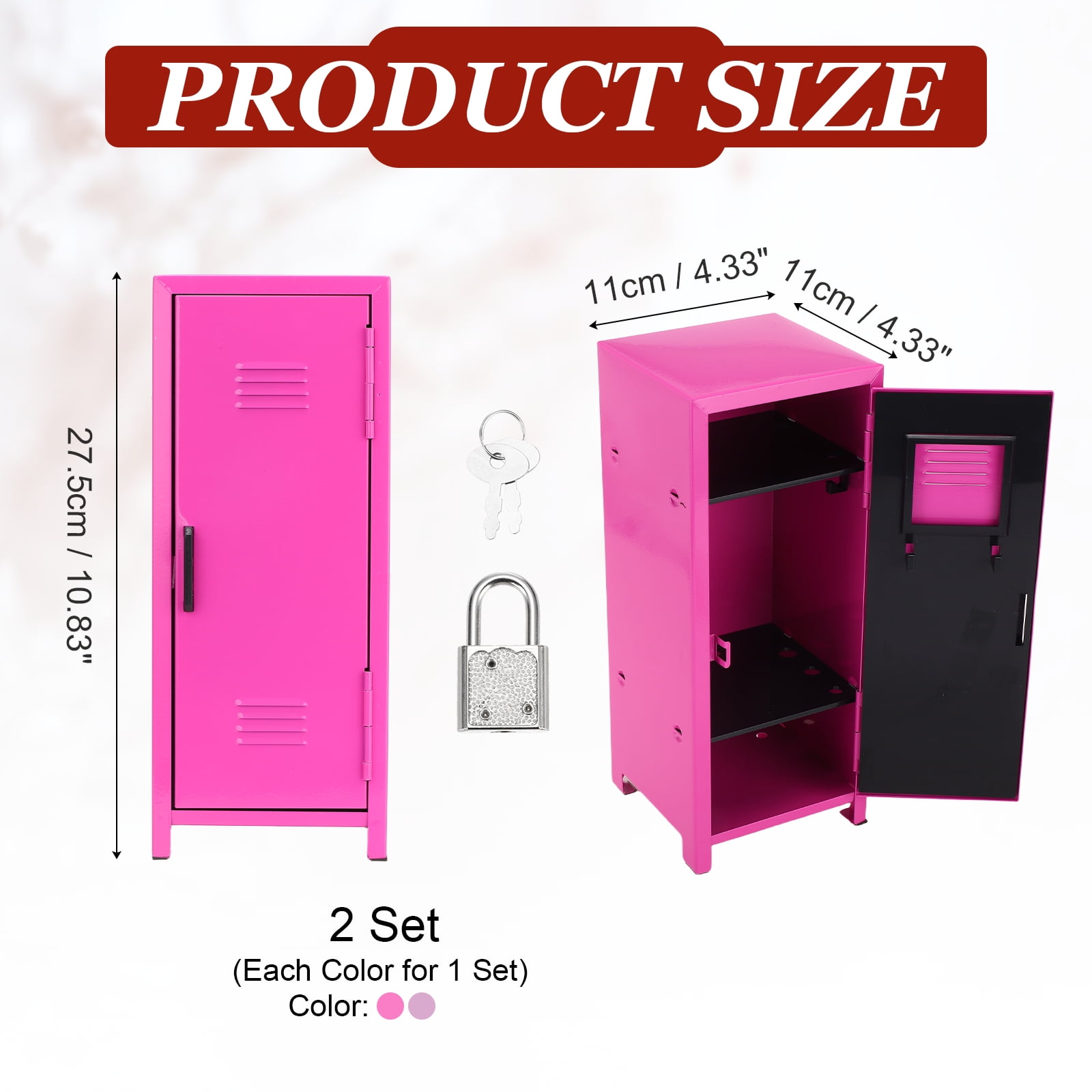Mini Locker 4.3 x 10.8 Inch, 2 Pcs Small Locker with Lock Keys, Metal Money Safe Storage Box for Desk Bedroom, Rose Red/Light Purple