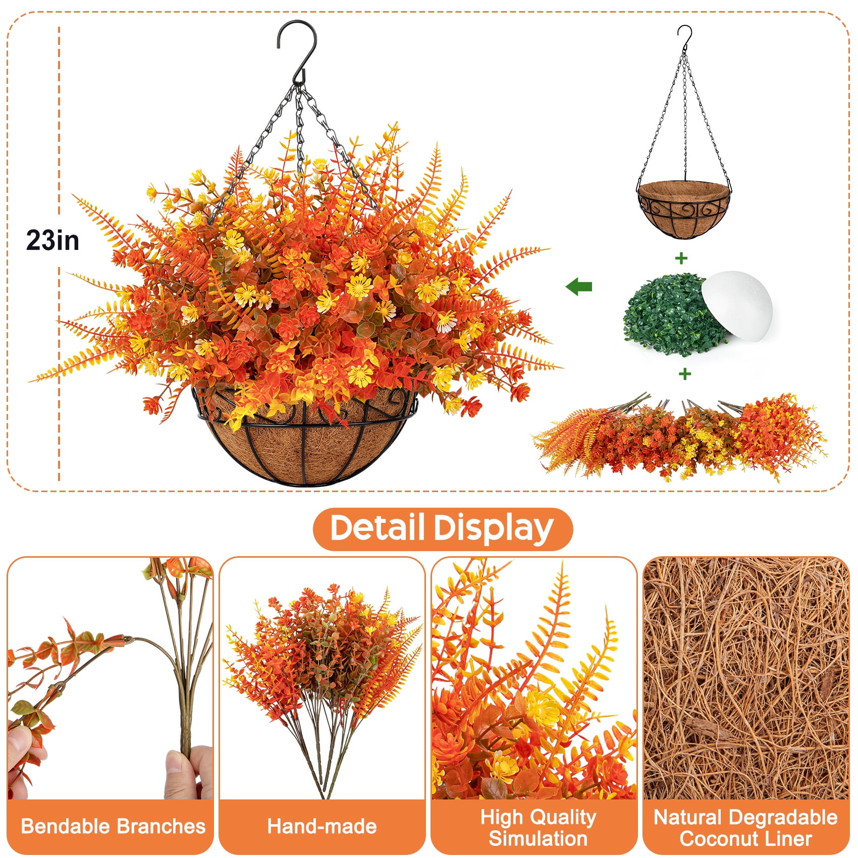 Scidweet Artificial Fall Hanging Flowers Outdoor, 12 Pcs Autumn Fake Flowers Faux Plants with Coconut Lining Basket Fall Decoration for Home Patio Garden Decor, Mixcolor