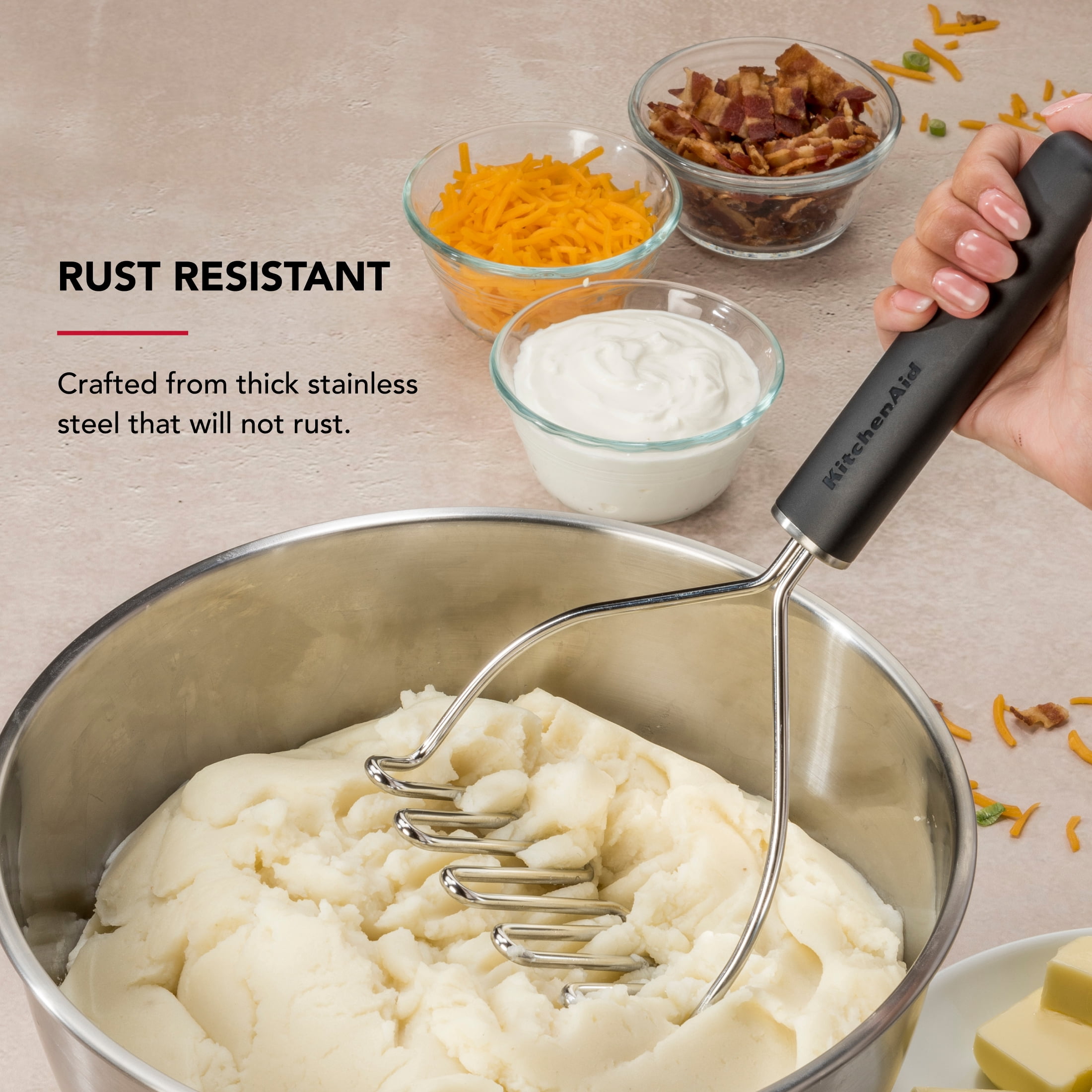 KitchenAid Stainless Steel Potato Masher with Ergonomic Handle, Black