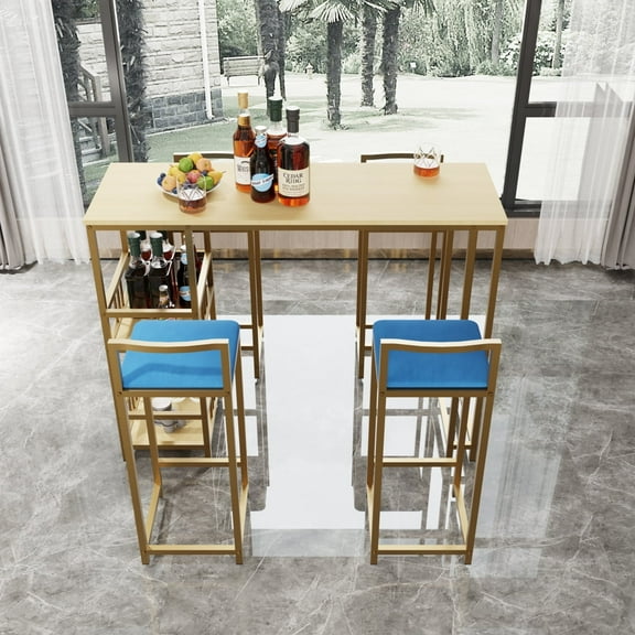 Newboti Furniture Bar Table And Chair Five Piece Set, Gold Frame, Multi-Layer Tabletop, Chair Cushion And Backrest Made Of Sponge, Table With Storage Function (Gold Beige Blue) 95667