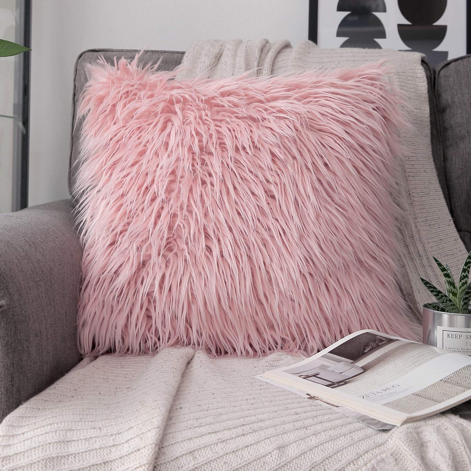Phantoscope Designer's Choice Faux Fur Decorative Throw Pillow + Area Rug Bundle, 18" x 18"/ 2' x 3', Pink, 1 Pillow + 1 Rug