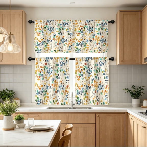 Aoznliie Curtains Set, Colorful Leaves Washable Light Filtering Valance & Curtains for Kitchen Window, 3 Piece Rod Pocket Collection for Dining Room