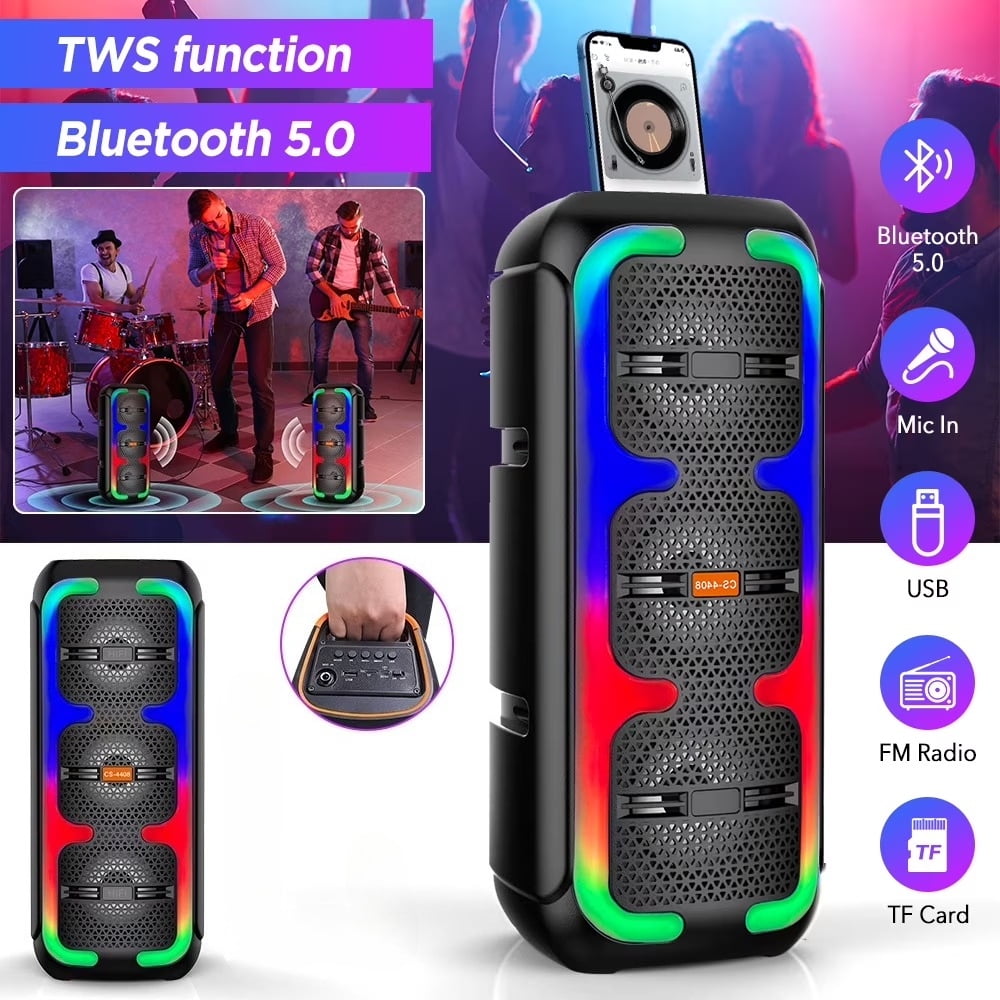 VTIN Portable Bluetooth Party Speaker, Handheld Dual 4‘’ Speakers Party Stereo Subwoofer RGB Lights Karaoke Heavy Bass for Karaoke Camping Party Singing
