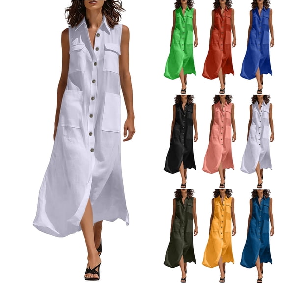 Smsaxvxz Womens Summer Dresses Fashion Solid V-Neck Button Down Sundress with Pockets Casual Loose Beach Vacation Shirt Maxi Dress White M