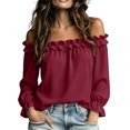thumbnail image 2 of ClodeEU Women's Off Shoulder Long Sleeve Blouse, Casual Solid Color Top with Ruffled Trim Wine,Women's Plus L, 2 of 9