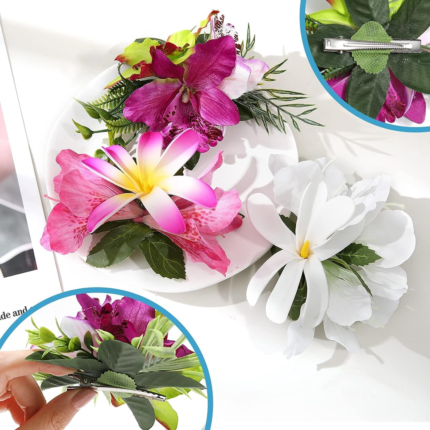 Hawaiian Hair Clip, 3 Pieces Tropical Flower Hair Pins - Artificial Hawaiian Flower Hair Accessories in White, Rose Red, and Purple for Women, Wedding Hair Piece