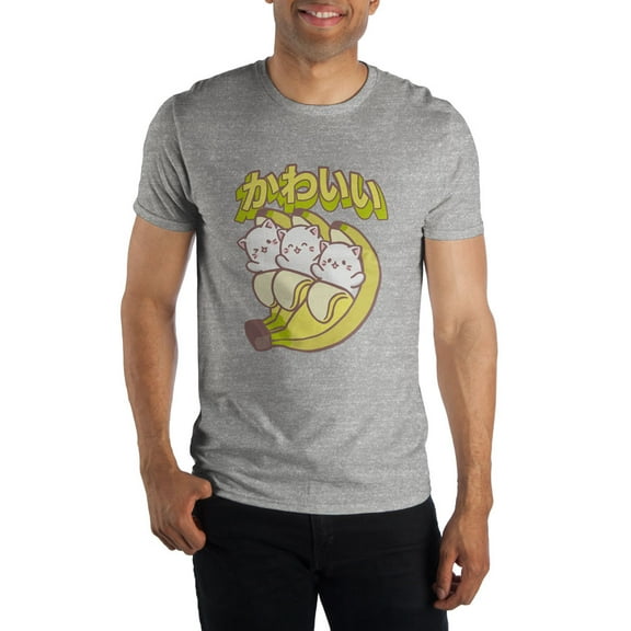 Bananya Cat Characters Men's Gray T-Shirt Tee Shirt-X-Large