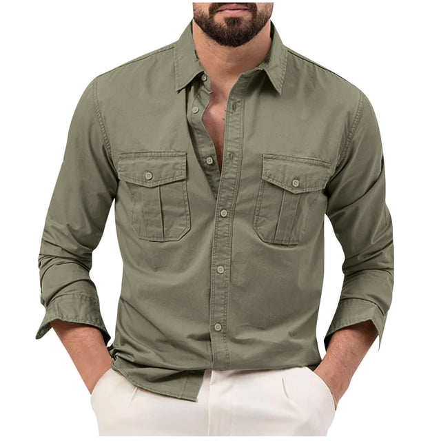 Blusa y camisa de manga larga con cuello vuelto para hombre, con bolsillo de solapa y botones sueltos, blusa de manga larga con solapa para hombre