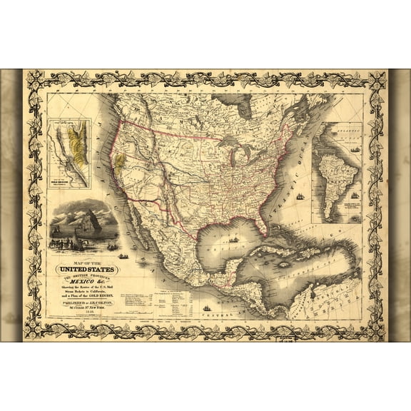 24"x36" Gallery Poster, Map of the United States, canada, Mexico 1849 p3
