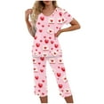 thumbnail image 1 of TIMIFIS Pyjama Grande Taille pour Femmes Ensemble Valentines Day Détente Mignon Imprimé Cœur Col Rond Manches Courtes avec Pantalon Capri Ensembles de Pjs Ensembles de Pyjamas pour Dames, 1 of 5