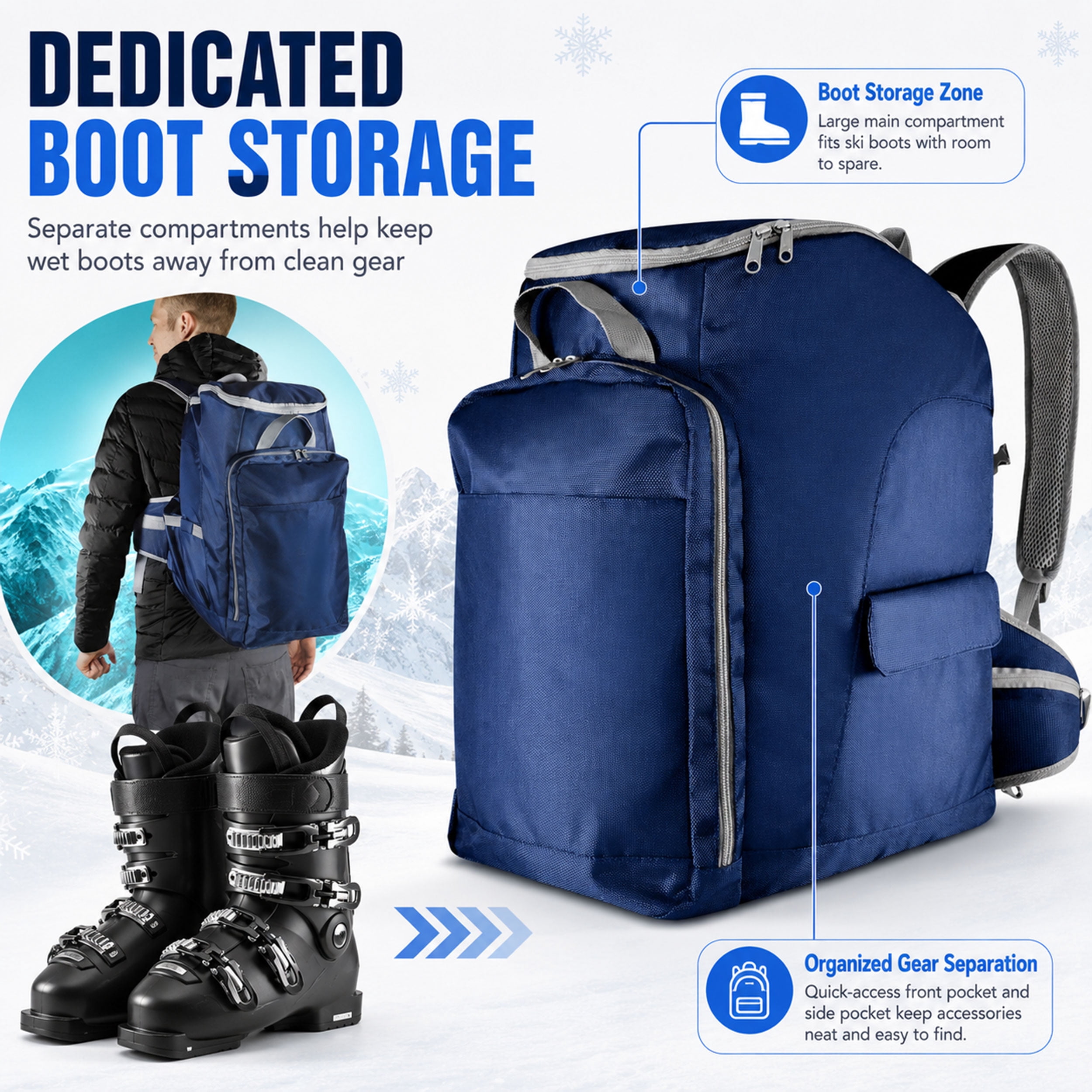Ski Boot Backpack Travel Bag with Ergonomic Waist Straps – Fits Ski or Snowboard Boots, Helmet, Goggles & Gear – Waterproof Heavy Duty Snow Gear Storage Pack