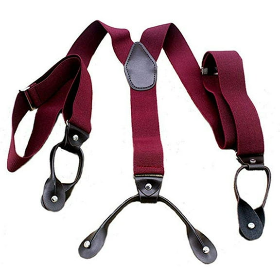 Suspenders Braces Six Button Holes Elastic Classic Adjustment Leather Suspenders Wine Red