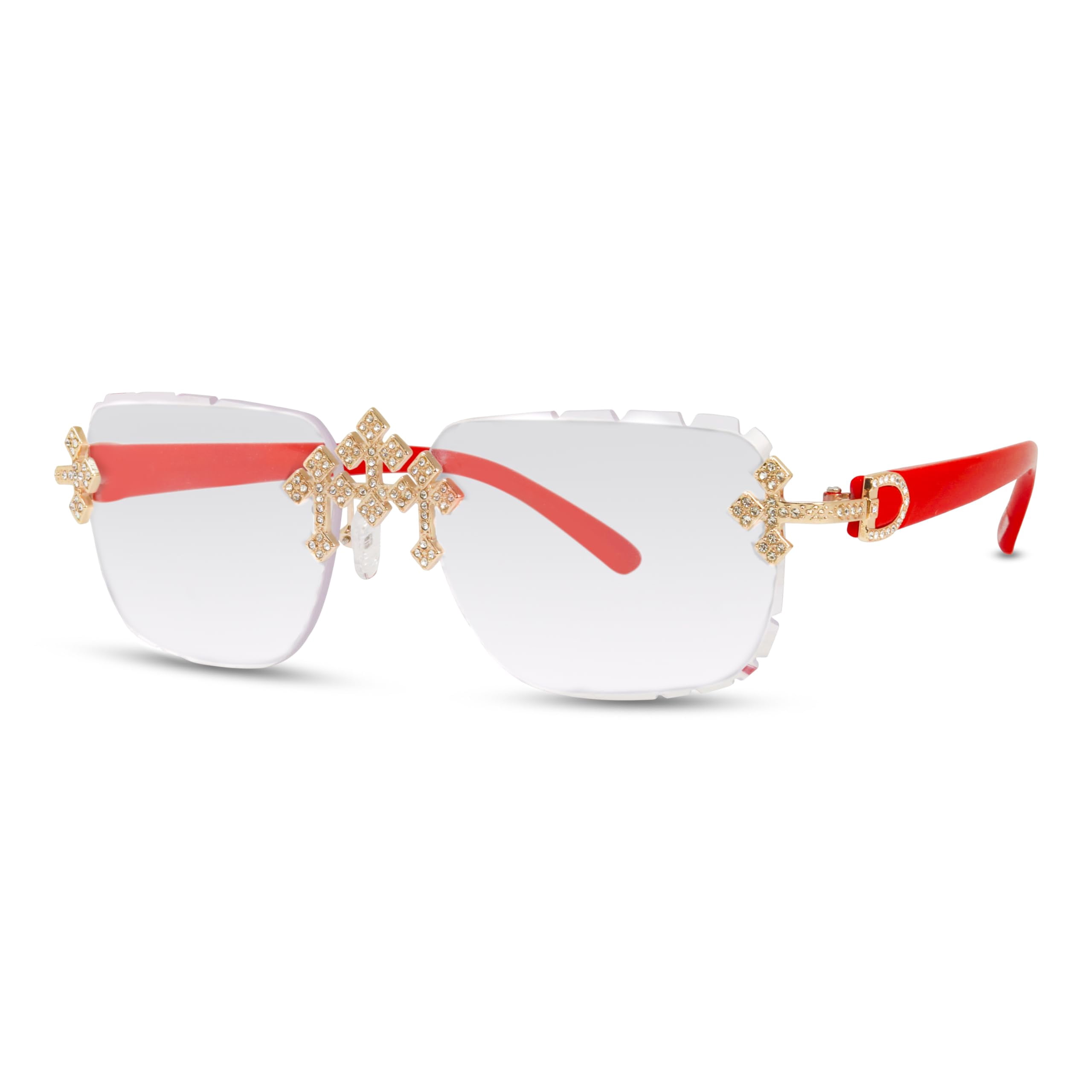 Iced-Out Triple Cross Sunglasses – Diamond-Cut Frameless Shades for Men & Women, Hip-Hop Luxury Eyewear for Various Occasions - Clear Red Gold Finish