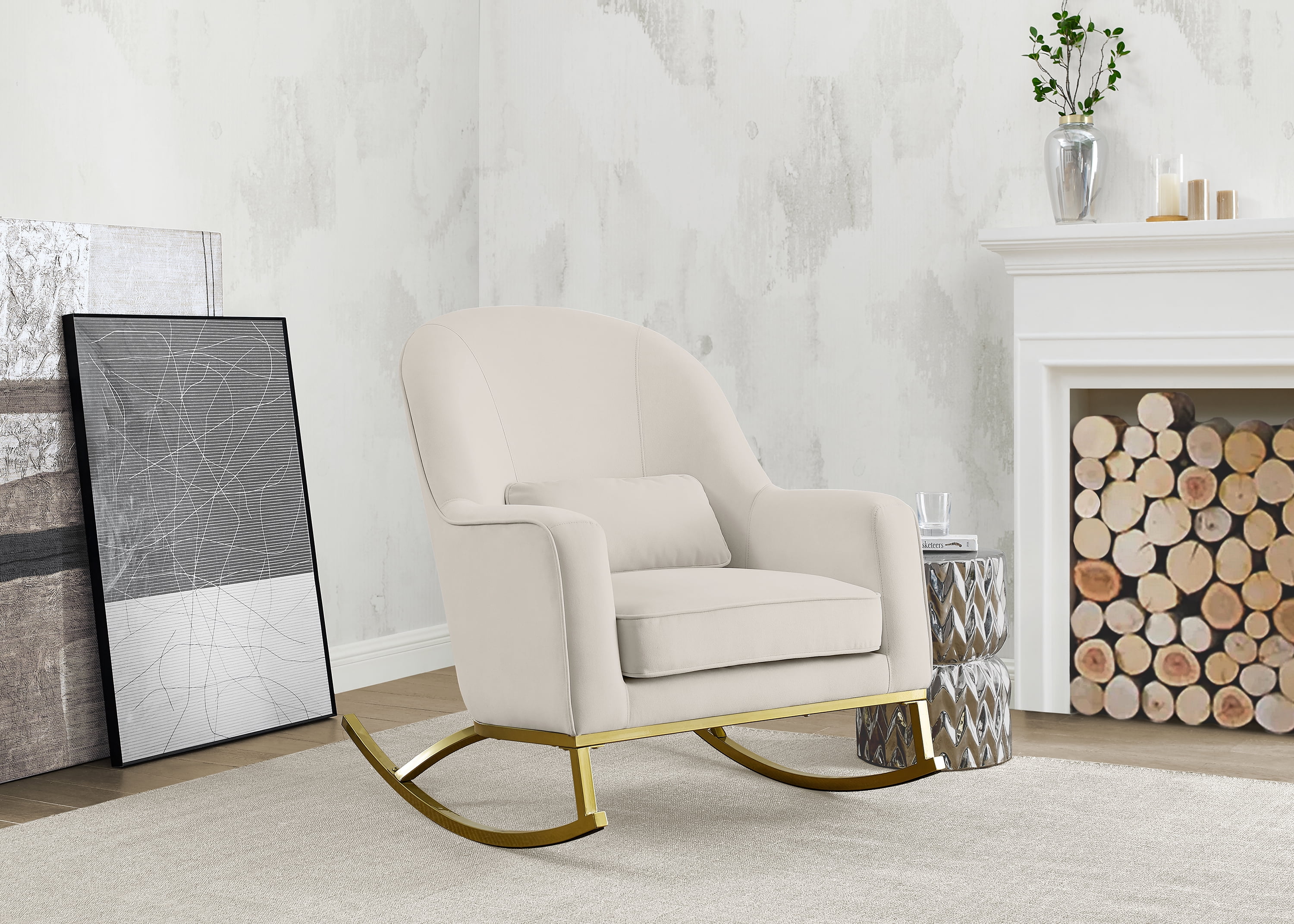 MoDRN Glam Velvet Rocking Chair with Lumbar Pillow Off White