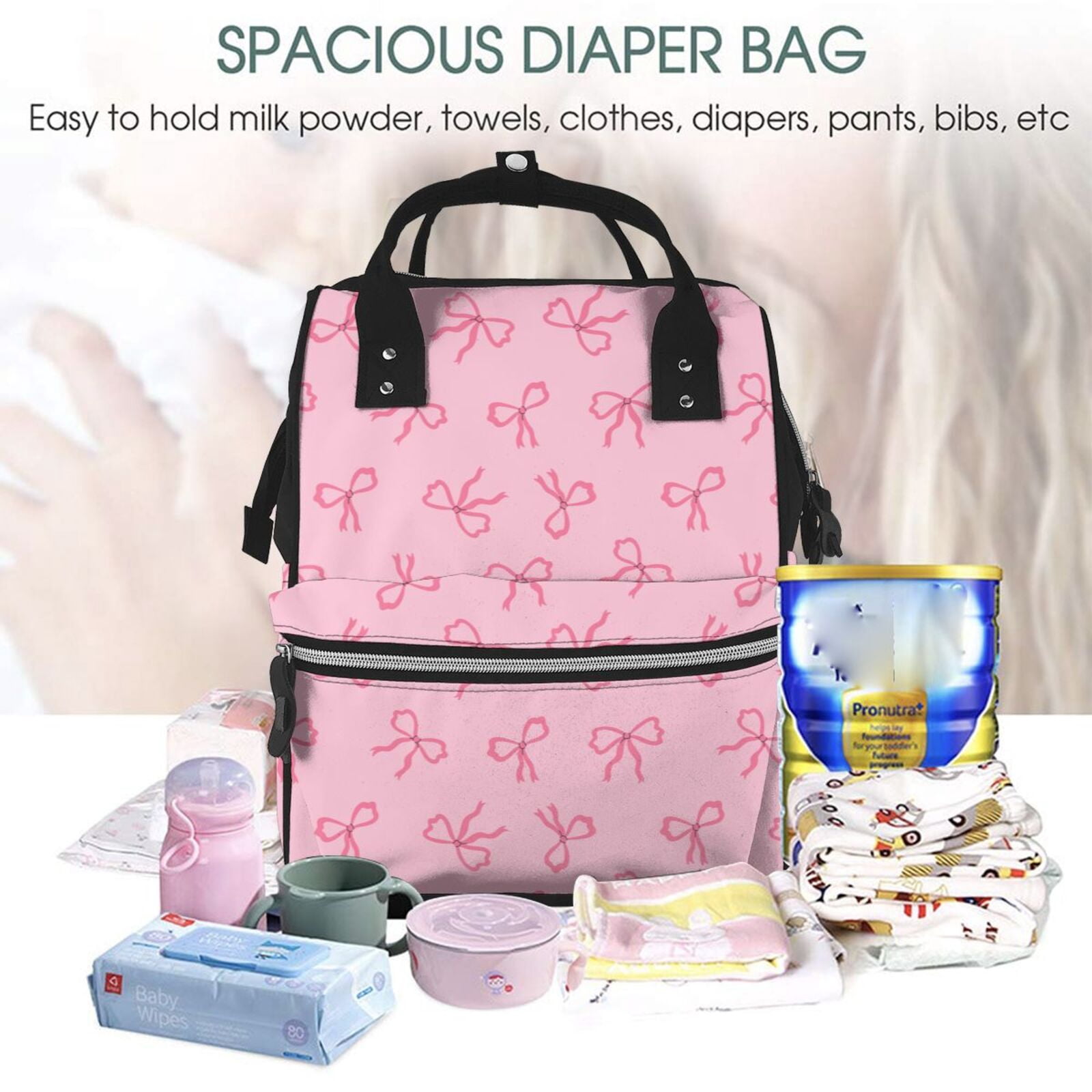 Ratiio Pink Bows Mummy Backpack - Waterproof Twill Canvas, Large Capacity Diaper Bag with Multiple Pockets and Adjustable Straps