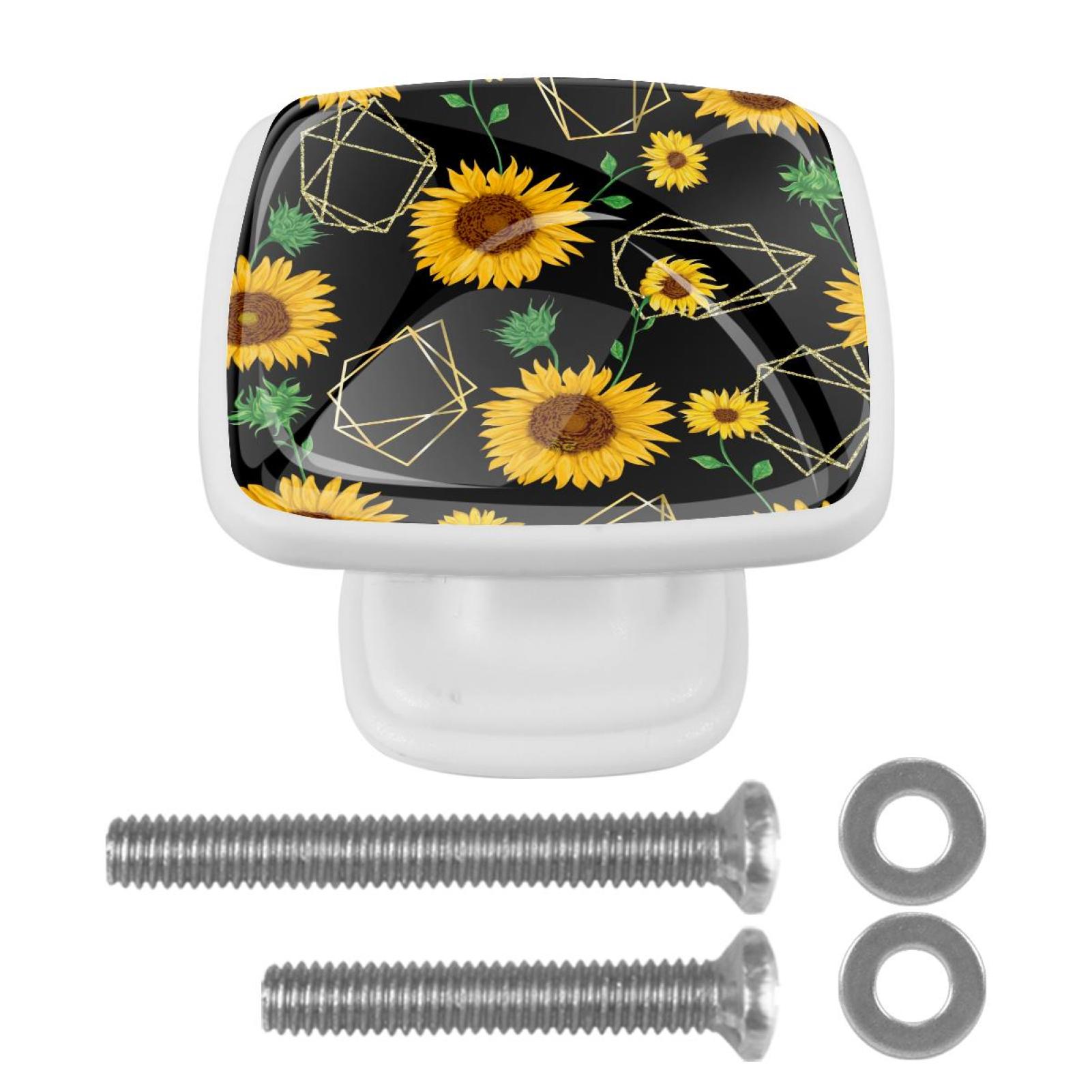 Ownta Golden Sunflowers Square Glass Drawer Handles Knobs Pulls With Screws for Kitchen