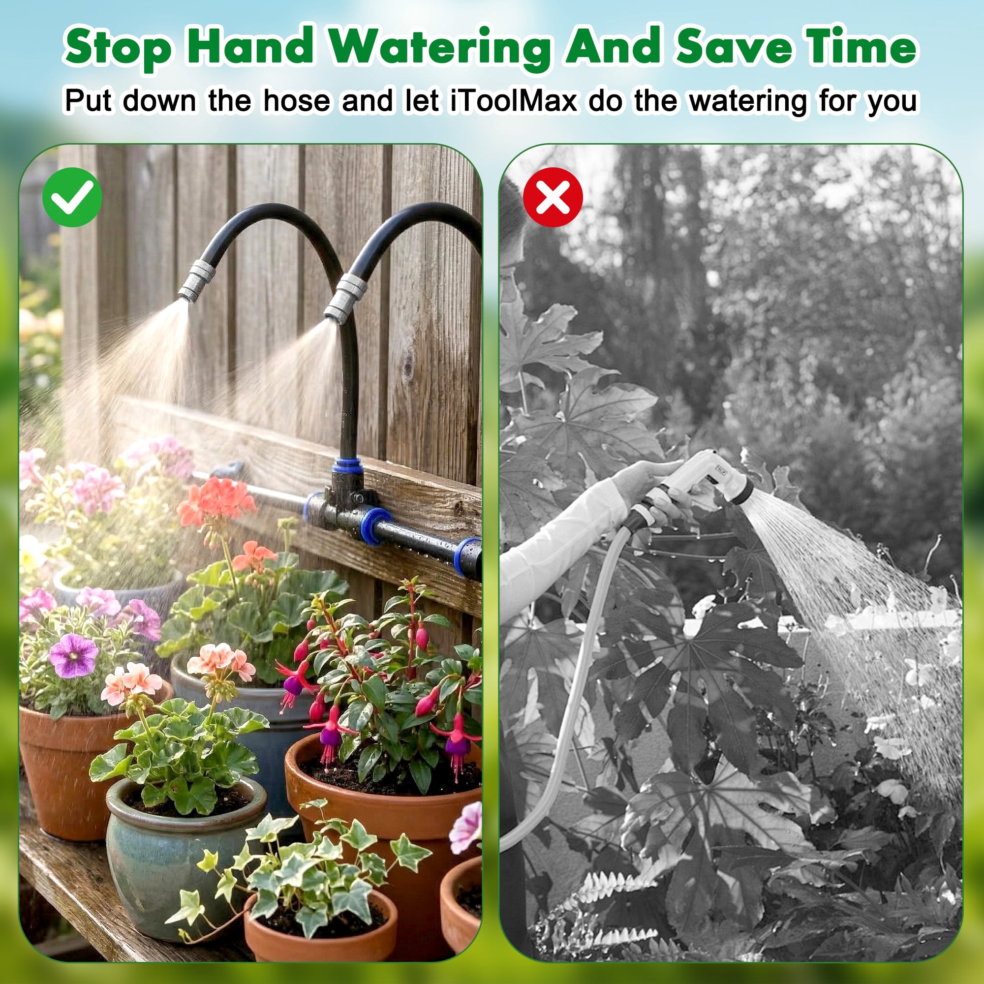 iToolMax 360° Adjustable Drip Irrigation System, 49FT Garden Watering System with 15 Nozzles, Water Sprinkler for Garden, Yard, Lawn, Greenhouse, Plants, Backyard Misting System